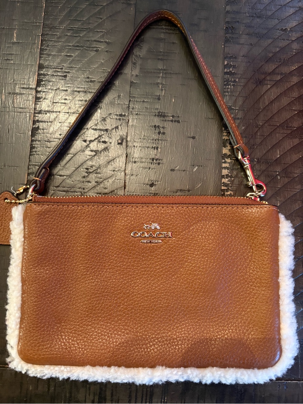 Coach Brown Leather Wristlet with Shearling Trim
